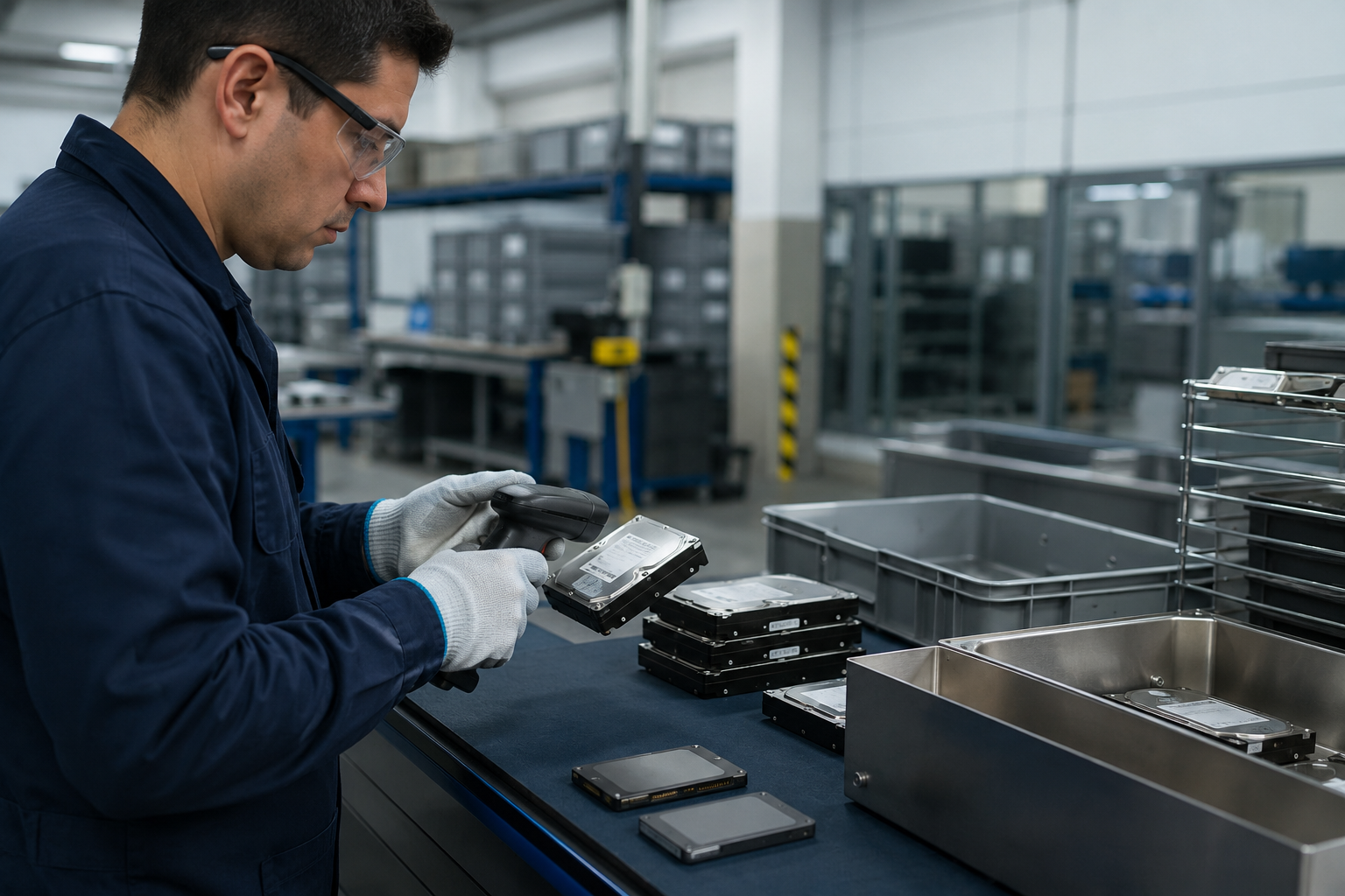 Técnico inventariando discos duros y SSD para un tratamiento seguro de datos