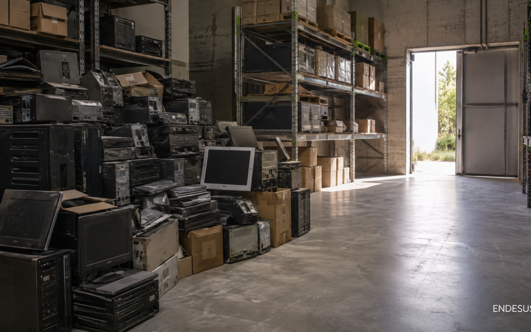 Computadores obsoletos acumulados ocupando espacio en una bodega empresarial