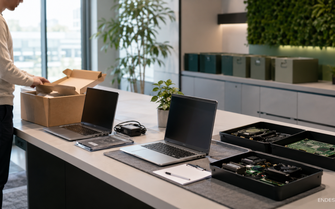 Equipos electrónicos reunidos para un programa de reciclaje empresarial